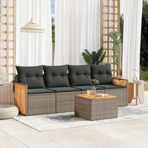 Ensemble salon de jardin 5 pièces résine tressée gris avec coussins - Canapé, table et assises modulables pour terrasse (1/5)