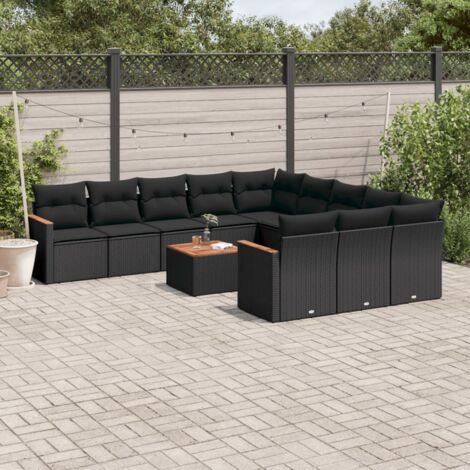 Ensemble salon jardin 12 places résine tressée noire avec coussins et table acacia Mobilier extérieur modulaire et durable (1/5)
