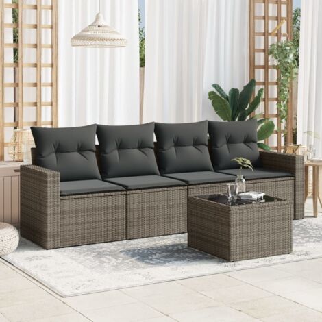 [Salon de jardin 5 places] - [Ensemble modulaire] en résine tressée grise avec coussins déhoussables et table en verre (1/3)