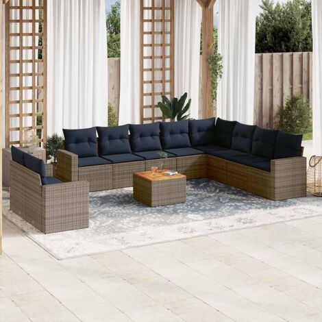 Salon de Jardin 11 Pièces en Résine Tressée Gris avec Coussins Bleu Marine, Table Acacia et Rangement (1/5)