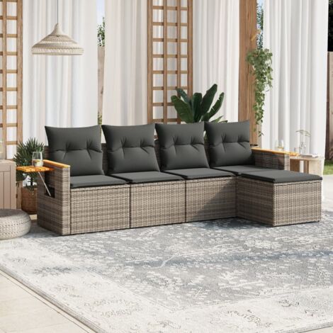 Ensemble Salon Jardin Modulaire 5 Places Résine Tressée Gris - 2 Fauteuils d'Angle avec Table d'Appoint en Acacia + Coussins Amovibles Lavables - Structure Acier et Rangement Intégré (1/3)