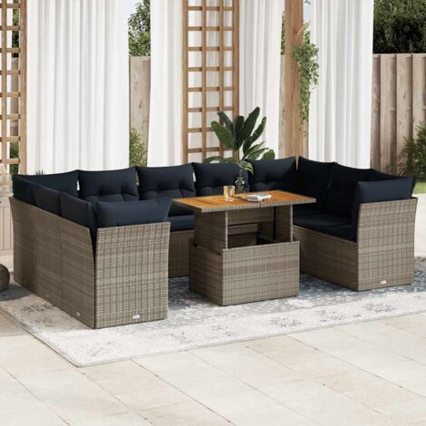 Salon de Jardin 9 Places avec Table en Résine Tressée Gris - Ensemble Canapé d'Extérieur avec Coussins Détachables et Rangement - 5 Sièges Centraux + 4 Coins (1/5)