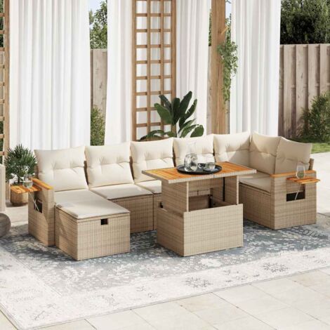 Salon de jardin 5 pièces beige en résine tressée avec rangement et table réglable (1/5)