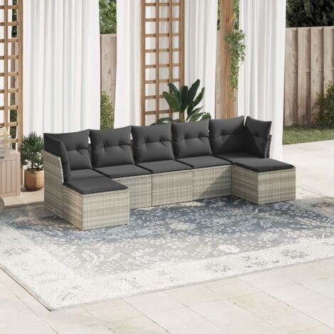 Salon de jardin modulaire 7 places en résine tressée gris clair avec rangement et coussins amovibles (1/3)