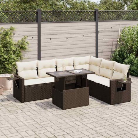 Ensemble Salon de Jardin en Résine Tressée Marron 7 Pièces avec Coussins, Table Réglable et Rangements Intégrés (1/5)