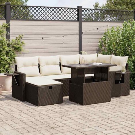 Canapé de Jardin 7 Places en Résine Tressée Marron avec Table et Coussins Lavables (1/5)