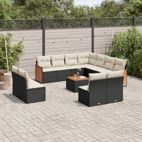 Ensemble de Salon de Jardin 12 Places en Résine Tressée Noire avec Coussins Crème (1/5)