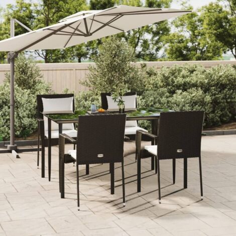 Ensemble de Jardin Noir Résine Tressée avec Table Verre Trempé et 4 Chaises avec Coussins Crème (1/5)