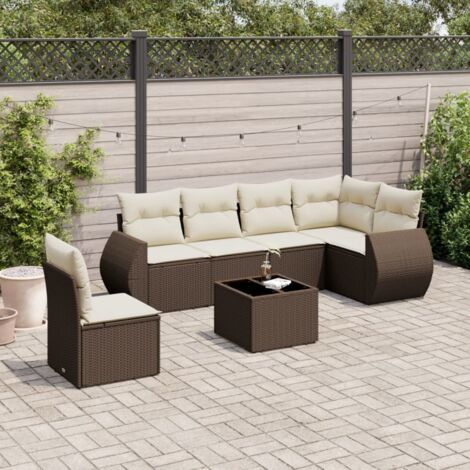 Ensemble salon de jardin 7 places en résine tressée marron avec coussins crème et table en verre trempé (1/5)