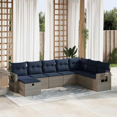 Salon de jardin 8 pièces en résine tressée grise avec coussins bleu marine, canapé d'angle et repose-pieds, espace rangement, acier, UV (1/5)