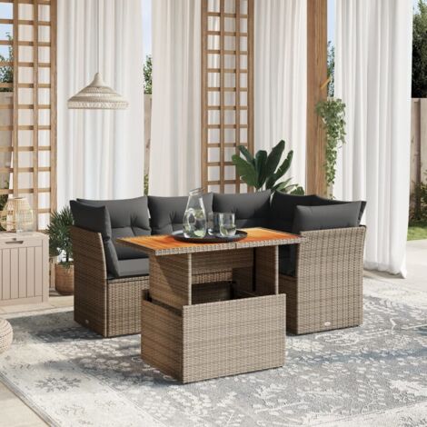 Canapé d'extérieur 5 places modulable, résine tressée gris, table réglable, coussins amovibles (1/3)
