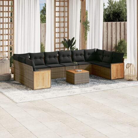 Salon de jardin en résine tressée gris, 11 pièces avec coussins, table acacia - Ensemble modulaire (1/5)