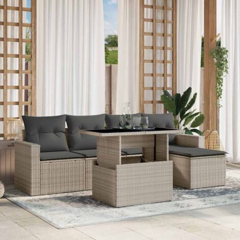Ensemble Salon de Jardin 6 Places en Résine Tressée Gris Clair avec Table Réglable et Coussins Anthracite (1/5)