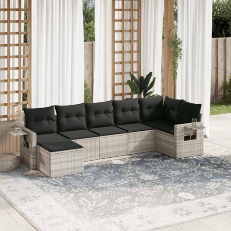 Ensemble salon de jardin modulaire 7 places en résine tressée gris clair avec coussins amovibles - 1 canapé d'angle, 3 sièges, 2 canapés avec accoudoirs, 1 repose-pieds (1/5)