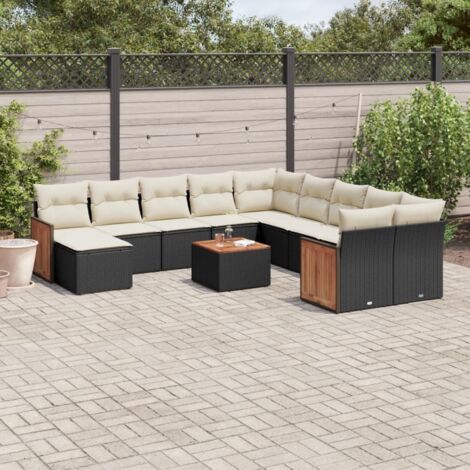 Ensemble de Jardin en Résine Tressée Noir avec 12 Pièces et Coussins Crème - Salon Modulaire 11 Places avec Table Acacia (1/5)