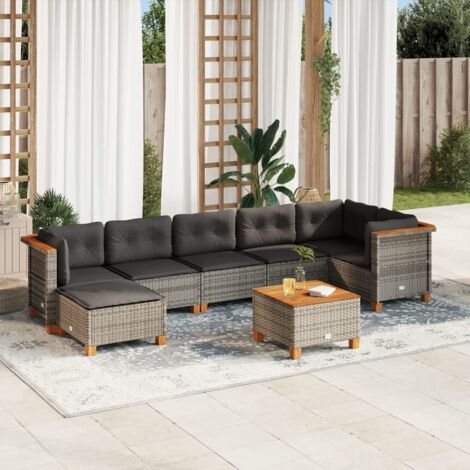 Ensemble de jardin 8 places en résine tressée grise avec table acacia et coussins lavables (1/5)