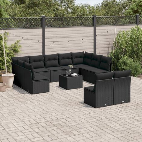 Ensemble de jardin 12 places en résine tressée noire avec coussins, table en verre trempé et mobilier modulaire (11 sièges, 1 table) (1/3)