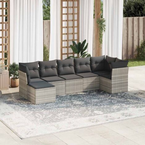 Ensemble salon jardin modulaire 7 places avec rangement, résine tressée gris clair, coussins gris foncé amovibles (1/3)