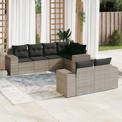 Salon de jardin modulaire 7 places en résine tressée gris clair avec coussins et rangement (1/3)