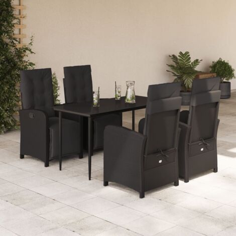 Ensemble de Jardin 5 Pièces - Table et 4 Fauteuils Tressés Noir avec Coussins et Verre Trempé (1/5)