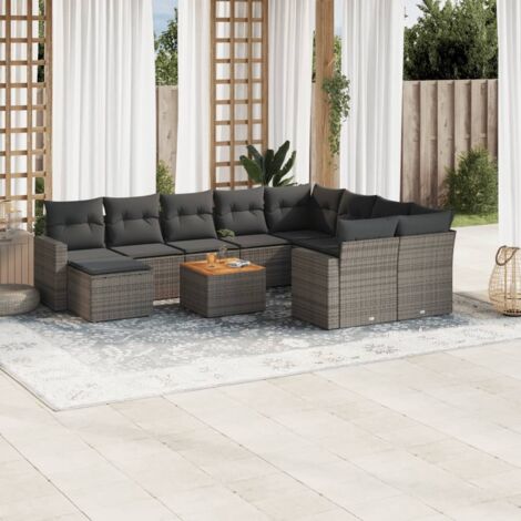 Salon de jardin 11 pièces en résine tressée gris avec coussins, table acacia et rangements - Ensemble modulaire (1/5)
