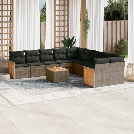 Ensemble de salon de jardin en résine tressée gris 11 pièces - avec table, canapés d'angle et centraux, coussins, rangement intégré et sac imperméable (1/3)