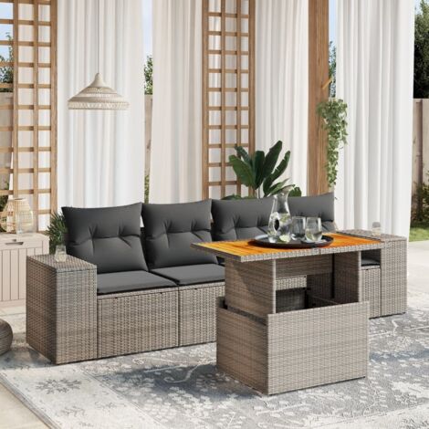 Ensemble Salon de Jardin 5 Pièces en Résine Tressée Gris avec Coussins Lavables - Canapé, Table et Assises (1/3)