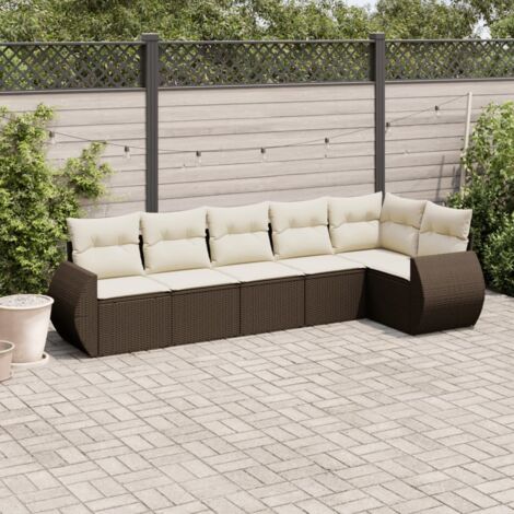[Ensemble Salon de Jardin Modulaire] 6 Pièces en Résine Tressée Marron avec Coussins Blanc Crème (1/3)