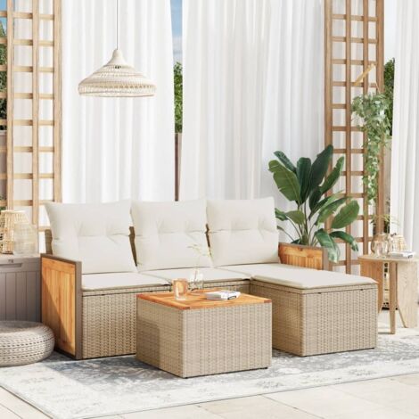 Canapé de Jardin en Résine Tressée Beige avec 5 Coussins - Ensemble Salon Extérieur Modulaire et Durable (1/3)