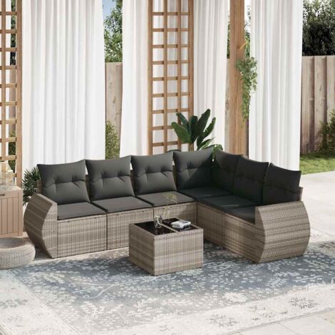 Salon de Jardin 7 Places en Résine Tressée Gris Clair avec Table en Verre, Coussins et Espace de Rangement (1/3)