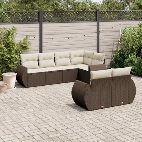 Ensemble Salon de Jardin Modulaire 7 Places Marron Résine Tressée avec Coussins Crème (1/3)