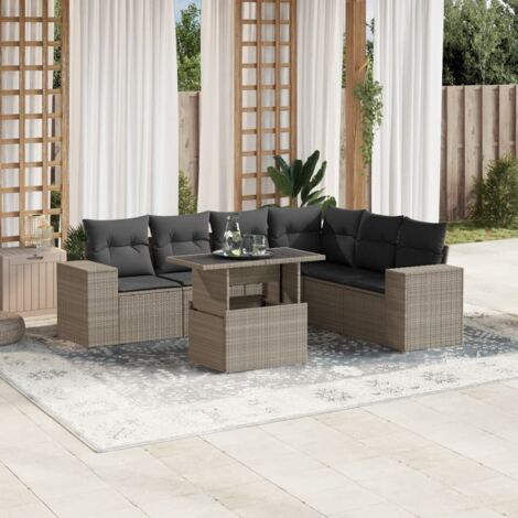 Salon de Jardin 7 Pièces en Résine Tressée Gris Clair avec Coussins - Canapés d'Angle, Central et à Accoudoirs, Table à Hauteur Réglable (1/5)