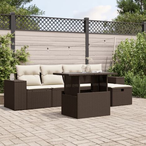 Ensemble salon de jardin 6 places en résine tressée marron avec table, coussins blanc crème et mobilier modulaire (1/5)