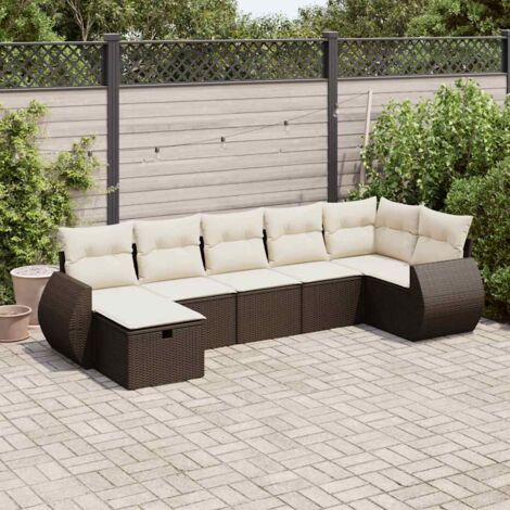 Ensemble de salon jardin modulaire 7 places marron résine tressée avec coussins crème et rangement (1/5)