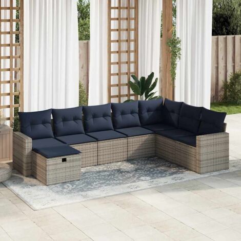 Salon de jardin 8 places en résine tressée grise avec coussins bleu marine - Fonction rangement et repose-pieds inclus (1/5)