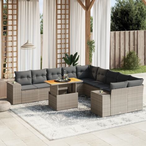 Ensemble Salon Jardin Modulable 11 Pièces avec Table Réglable - Résine Tressée Gris, Canapés et Coussins (1/3)