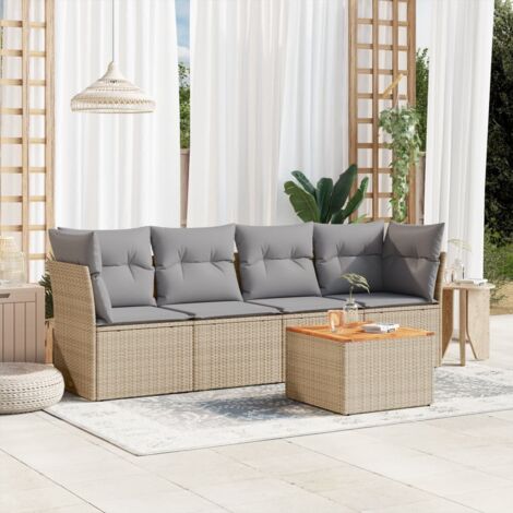 Ensemble de Jardin Modulaire 5 Places, 1 Table et 4 Coussins, en Résine Tressée Beige avec Coussins Gris Détachables et Plateau en Acacia (1/3)
