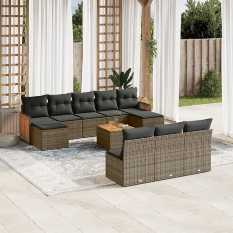 Ensemble de Jardin 11 Pièces en Résine Tressée Gris, Acacia, 2 Canapés, 6 Fauteuils, 1 Table (1/5)