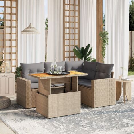 Salon de Jardin en Résine Tressée 5 Pièces, Table Réglable, Coussins Gris Lavables, Module Angle et Accoudoirs, Beige (1/3)