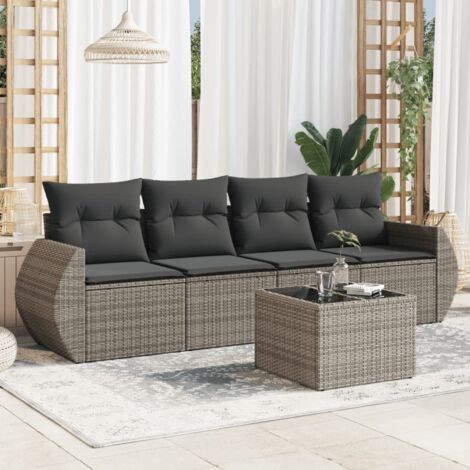 Ensemble salon de jardin en résine tressée gris 5 pièces avec table verre trempé et coussins (1/3)
