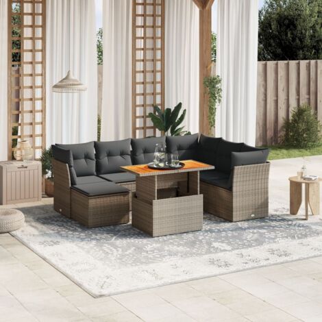 Ensemble de jardin 8 places en résine tressée grise avec table extensible et coussins amovibles (1/3)