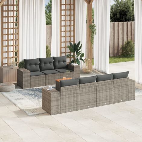 Ensemble Canapé Jardin 8 Places Gris Résine Tressée avec Coussins et Table Acacia (1/3)