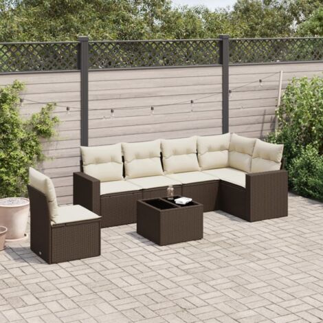 Canapé d'Extérieur Modulaire 7 Places avec Table en Verre - Salon de Jardin Marron Résine Tressée avec Coussins Crème Amovibles (6+7) (1/3)