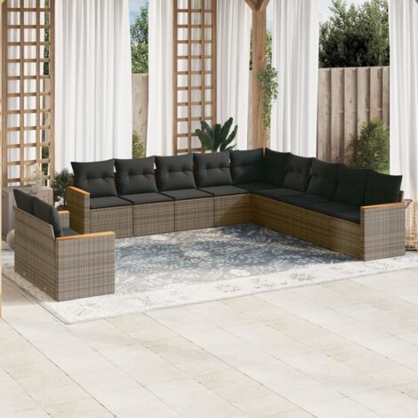 Ensemble Salon Jardin 11 Pièces Canné Résine avec Coussins Gris - Canapé d'Angle, Central et Accoudoirs, Modulable, Acier Enduit Poudre (1/5)