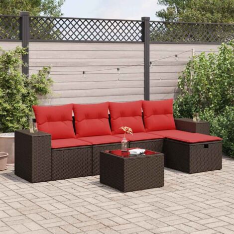 Ensemble de salon de jardin 6 places en résine tressée marron avec coussins rouges, table et repose-pieds, rangement intégré (1/5)