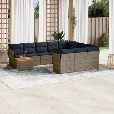 Ensemble de jardin 11 pièces en résine tressée grise avec coussins bleu marine, table en acacia et rangement intégré (1/5)