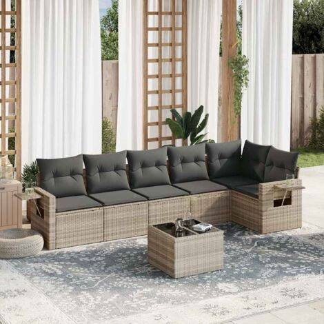 Canapé d'angle modulaire 7 places, résine tressée gris clair, table verre trempé, coussins gris foncé (1/5)