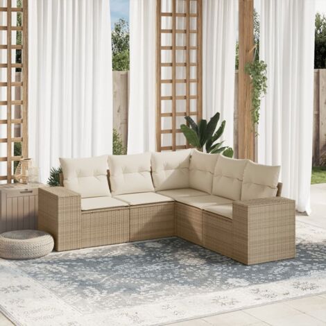 Canapé de Jardin en Résine Tressée Beige Modulable 5 Places avec Coussins et Rangement Intégré (1/3)