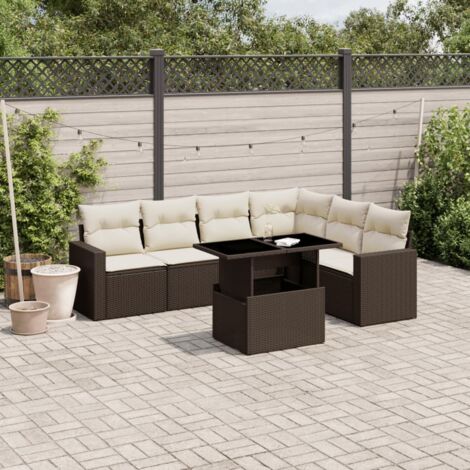 Ensemble de jardin 7 places [Modèle Salon Convivial] avec canapé d'angle, sièges modulables et table extensible en résine tressée marron (1/5)