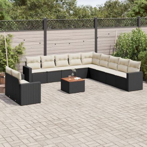Ensemble de Jardin Modulaire 12 Places en Résine Tressée Noire avec Coussins Crème et Table en Acacia Massif (1/3)
